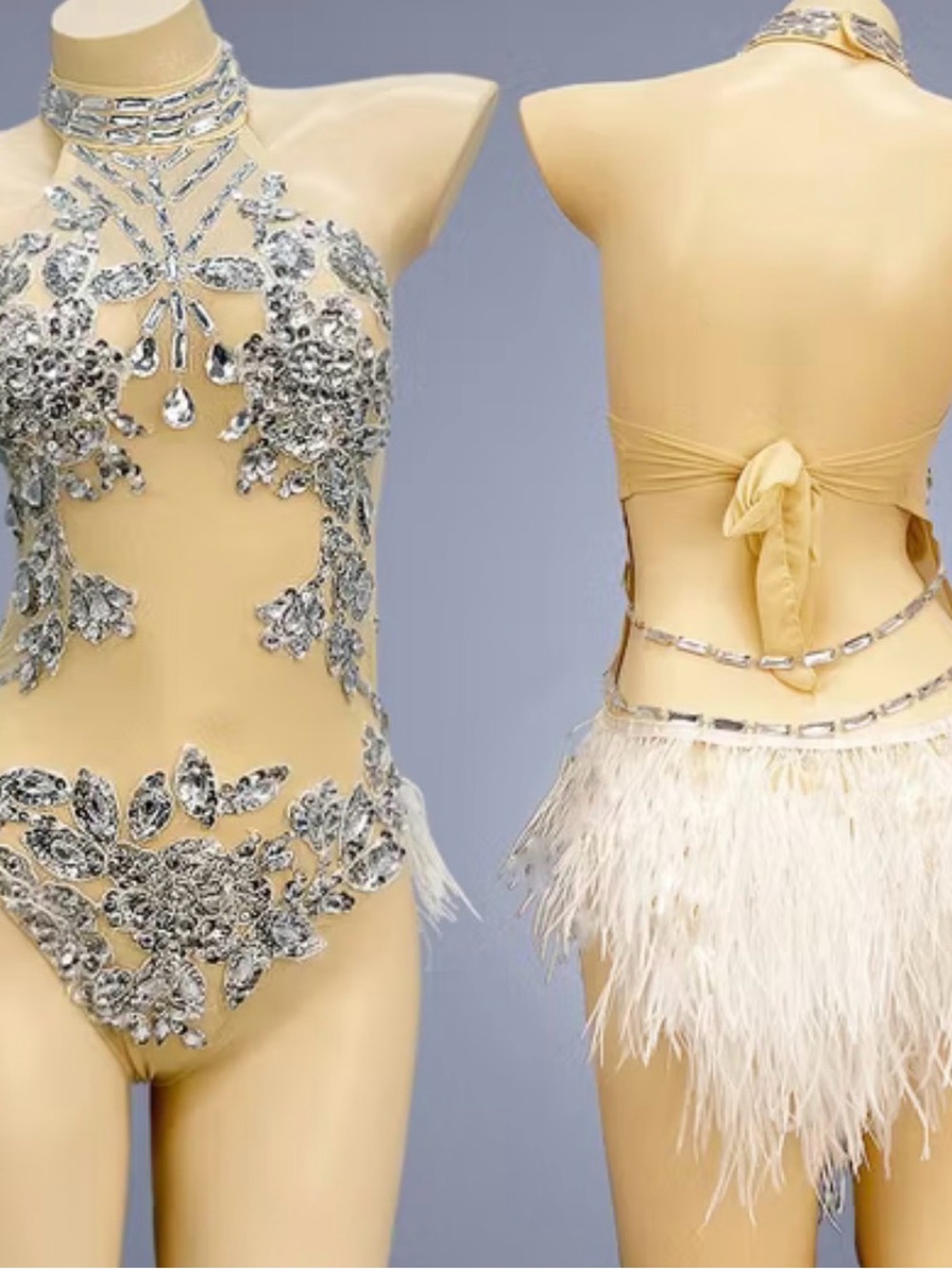 Beige & Silver Embellished Feathered Dance Leotard